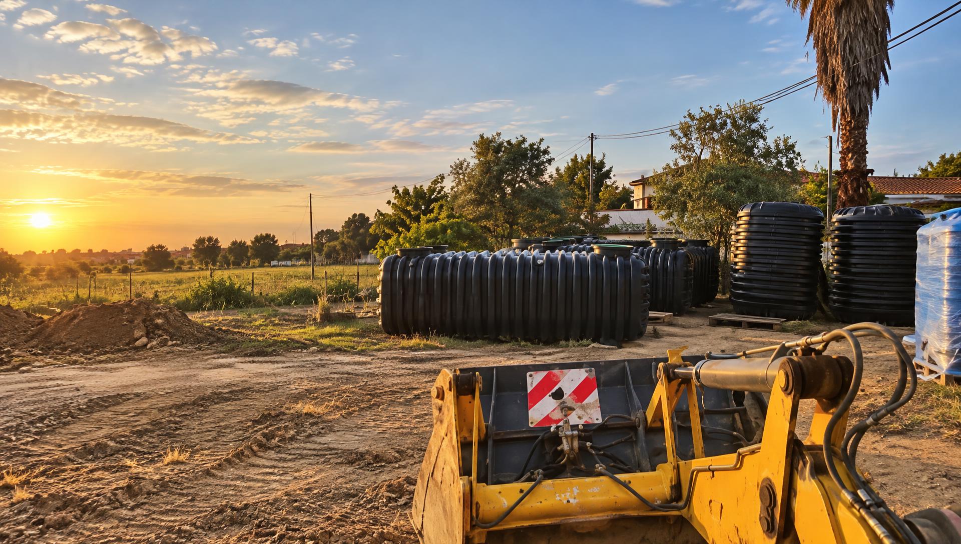 Depósitos e retroescavadora em obra ao pôr do sol